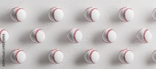 A pattern of white baseballs with red stitching arranged in a grid pattern on a white background.