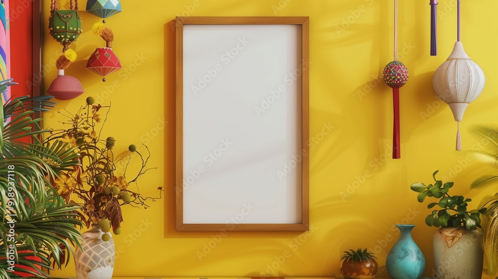 A mockup frame on a vibrant yellow wall, with quirky decor and colorful accents creating a cheerful and lively scene