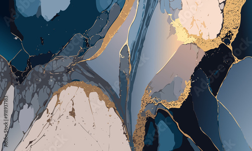 Luxury abstract fluid art painting in alcohol ink technique, mixture of dark blue, gray and gold paints,gray and gold paints,glowing golden veins