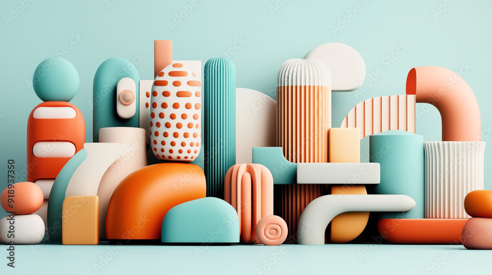 A colorful abstract arrangement of geometric shapes, including cylinders, spheres, and arches in pastel hues of orange, blue, and white, on a teal background. A colorful abstract arrangement of geometric shapes, including cylinders, spheres, and arches in pastel hues of orange, blue, and white, on a teal background.