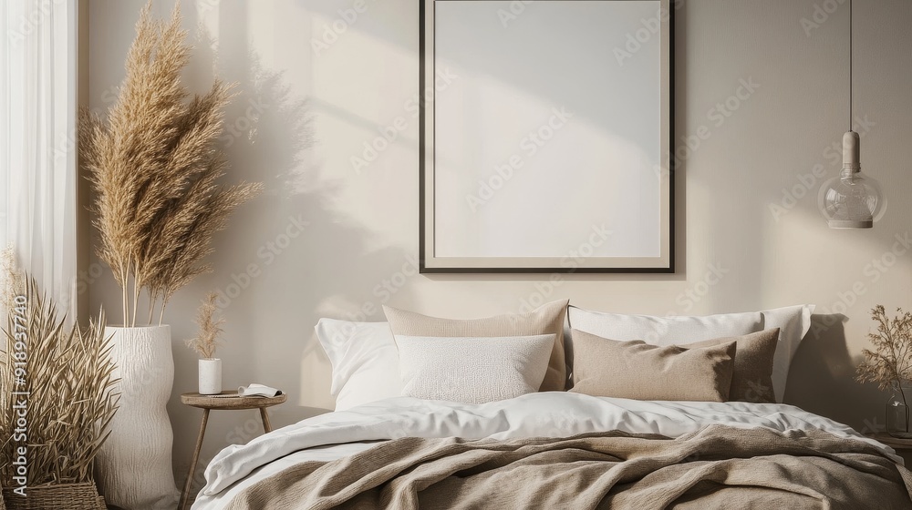 Minimalist Bedroom Interior with Pampas Grass and a Blank Canvas Minimalist Bedroom Interior with Pampas Grass and a Blank Canvas