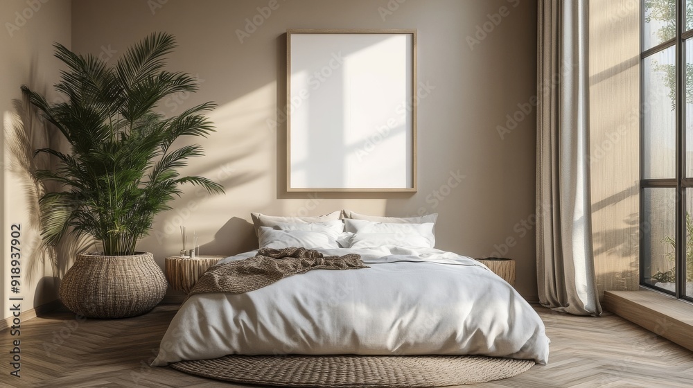 Minimalist Bedroom with a Large Blank Canvas and Natural Light Minimalist Bedroom with a Large Blank Canvas and Natural Light
