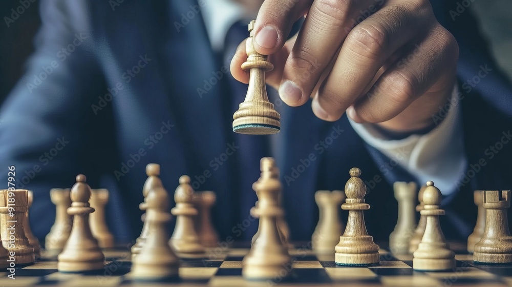 Businessman moving chess piece on chess board game Businessman moving chess piece on chess board game