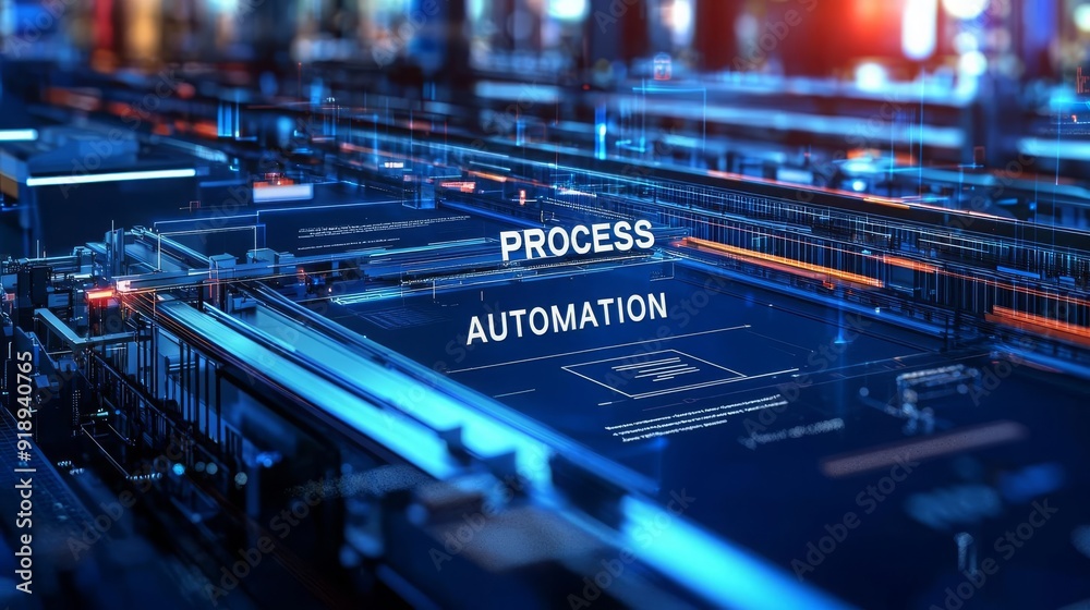 Business process automations A digital interface displaying a virtual assembly line with automated processes Business process automations A digital interface displaying a virtual assembly line with automated processes