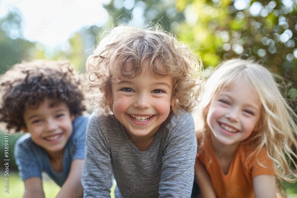 Three children playing outside in garden, close up, Generative AI Three children playing outside in garden, close up, Generative AI
