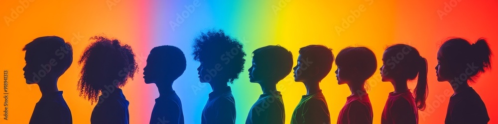 Silhouette group of modern children in rainbow colored profile. Communication between multi-ethnic children. Children talking. Multiple exposure, Generative AI Silhouette group of modern children in rainbow colored profile. Communication between multi-ethnic children. Children talking. Multiple exposure, Generative AI