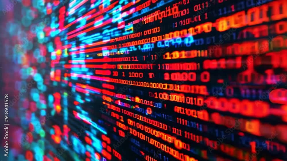 A colorful binary code with red, blue, and green colors