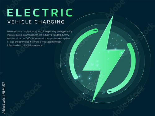Electric vehicle charging with neon light Lightning Bolt Symbol in Abstract technology circle analysis vector design concept. EV charging design for Electric Car, EV station, ui, business, web, energy
