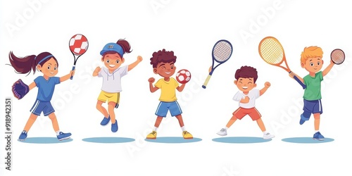 Happy children playing sport game, doing physical exercise. Training set. Football, baseball, tennis, karate. Active healthy childhood. Flat  cartoon illustration isolated on white, Generative AI