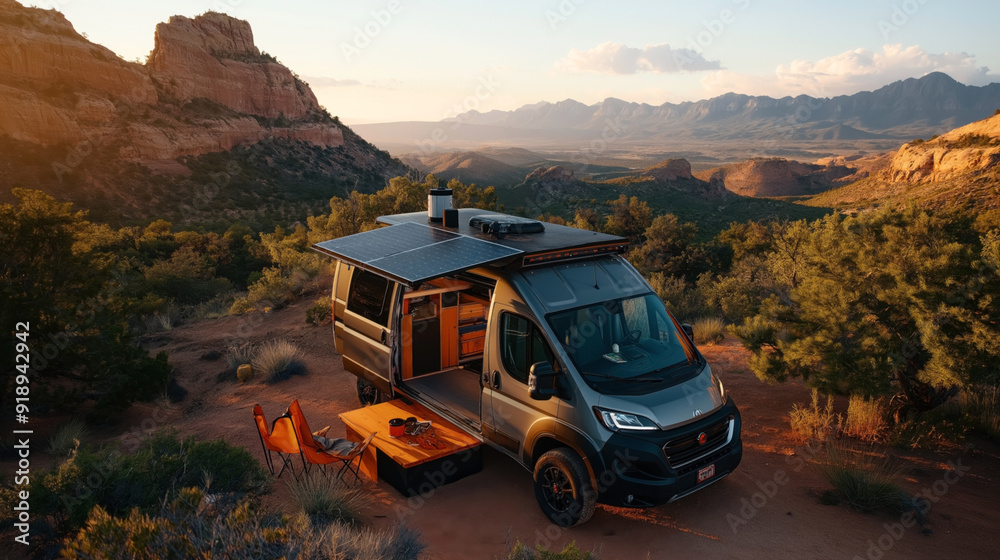 Obraz premium A camper van with solar panels parked in a scenic desert landscape at sunset. The area is set up with camping chairs and a table, surrounded by desert vegetation and rocky formations.