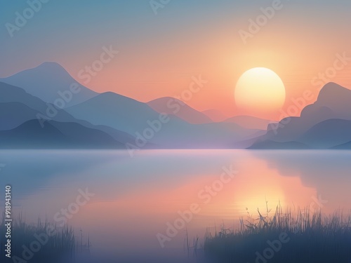 An illustration of a hazy ethereal atmosphere landscape with soft gradients at sunrise