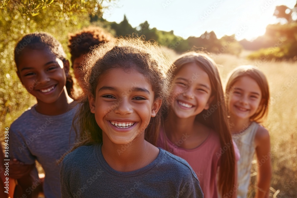Obraz premium Portrait Of Multi-Cultural Children Hanging Out With Friends In Countryside Together, Generative AI