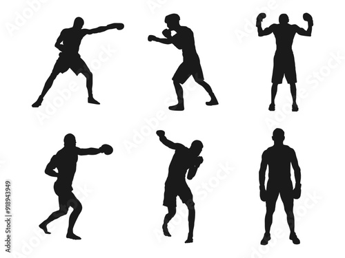 Black boxer silhouette template isolated. collection of silhouettes of male boxer with different pose. Silhouette of male boxing player. vector silhouette illustration isolated on white background.