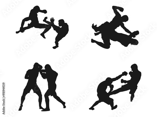 silhouettes of MMA fighters vector illustration. Two MMA fighters vector silhouette. Illustration kick boxer fighter vector silhouette. vector silhouette illustration isolated on white background.