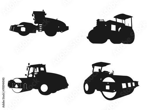 Set of silhouettes of machinery for road construction. Single Drum Roller construction vehicle, heavy Equipment Silhouette. vector silhouette illustration isolated on white background.