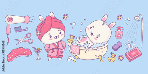 Cute cartoon white rabbit in bathrobe with towel and bunny bathing in bubble bath. Isolated vector shower cosmetics elements. Hairdryer, soap, shower cap, washcloth, scissors and comb