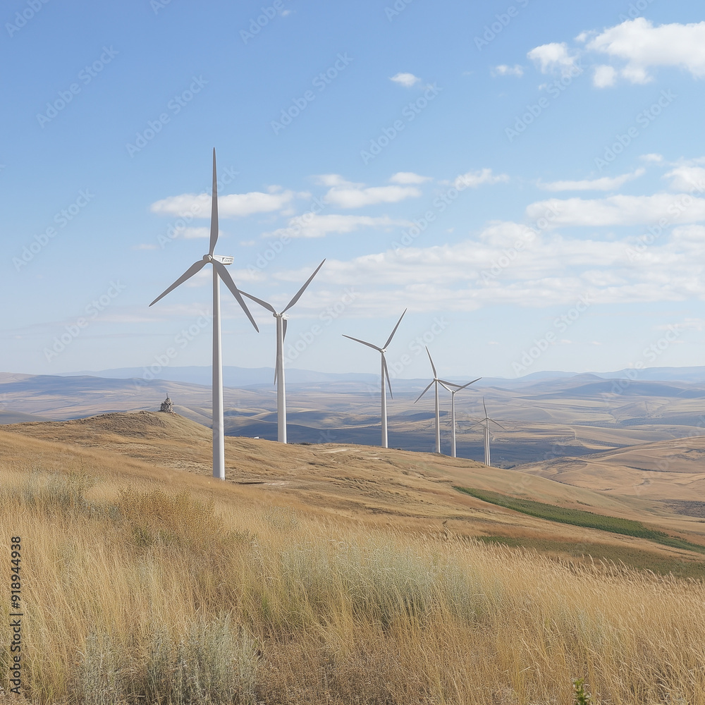 Obraz premium Elegant wind turbines rise over gently rolling hills under a serene blue sky, symbolizing clean energy, environmental sustainability, and modern technology.