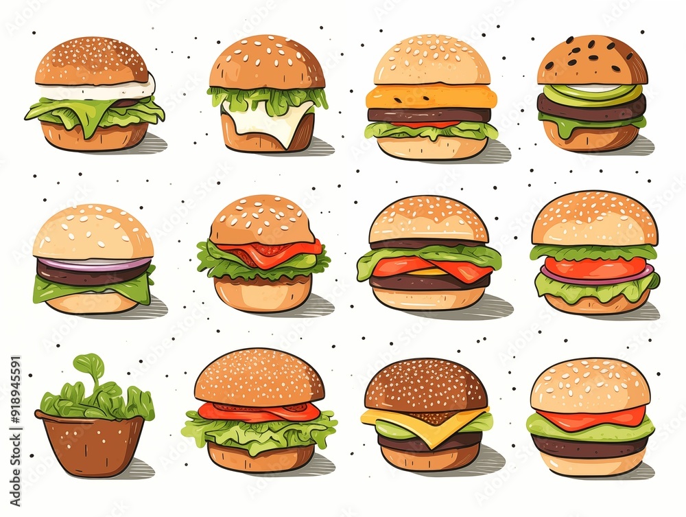 Set of various burger simple illustration. AI generated