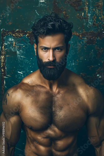 A man with a beard and no shirt is posing for a picture.