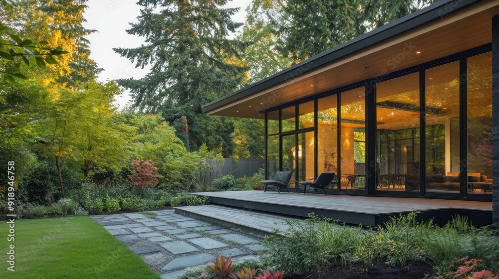 Obraz premium Modern House with Glass Walls and Patio Surrounded by Greenery