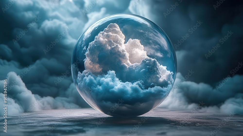 3D illustration of a crystal ball showing a financial forecast with storm clouds, symbolizing uncertainty in investment risks, photo-realistic 3D illustration of a crystal ball showing a financial forecast with storm clouds, symbolizing uncertainty in investment risks, photo-realistic