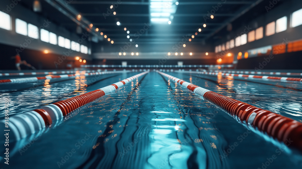 Obraz premium Indoor swimming pool with clearly visible lanes marked by red and white lane dividers. The pool is well-lit with reflective water under the overhead lights.