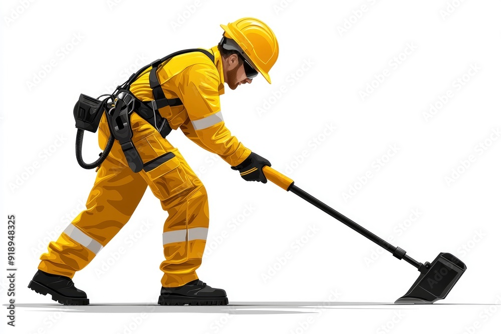 Obraz premium Construction worker using a tool with a long handle