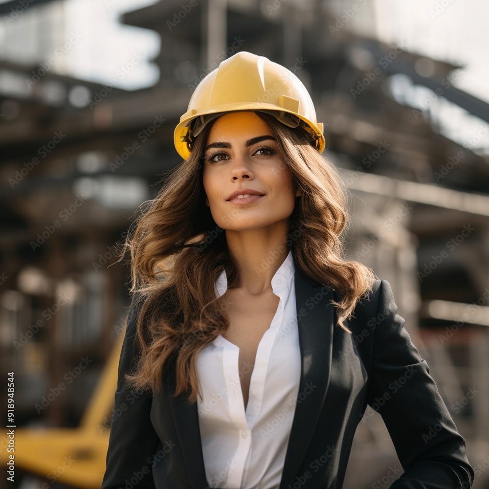 Confident businesswoman in hardhat looking away outdoors  