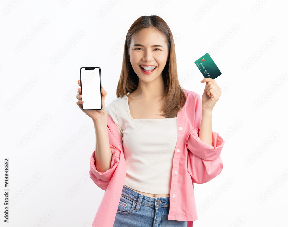 Beautiful Asian woman holding smartphone mockup of blank screen and credit card on white background. Beautiful Asian woman holding smartphone mockup of blank screen and credit card on white background.