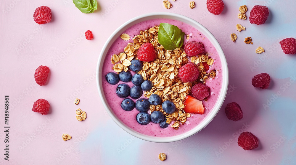 a bowl of smoothie with fruit nuts and granola in pink background. Wallpaper photo for vegetarian, healthy life campaign, copy space. a bowl of smoothie with fruit nuts and granola in pink background. Wallpaper photo for vegetarian, healthy life campaign, copy space.