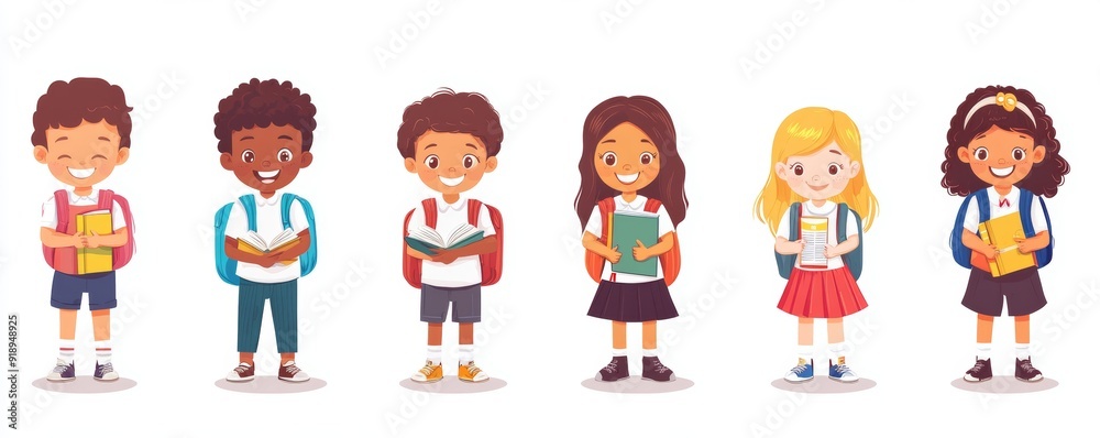 Smiling school children boys and girls with backpacks and books set isolated illustration. Multiethnic cute kids, Generative AI Smiling school children boys and girls with backpacks and books set isolated illustration. Multiethnic cute kids, Generative AI
