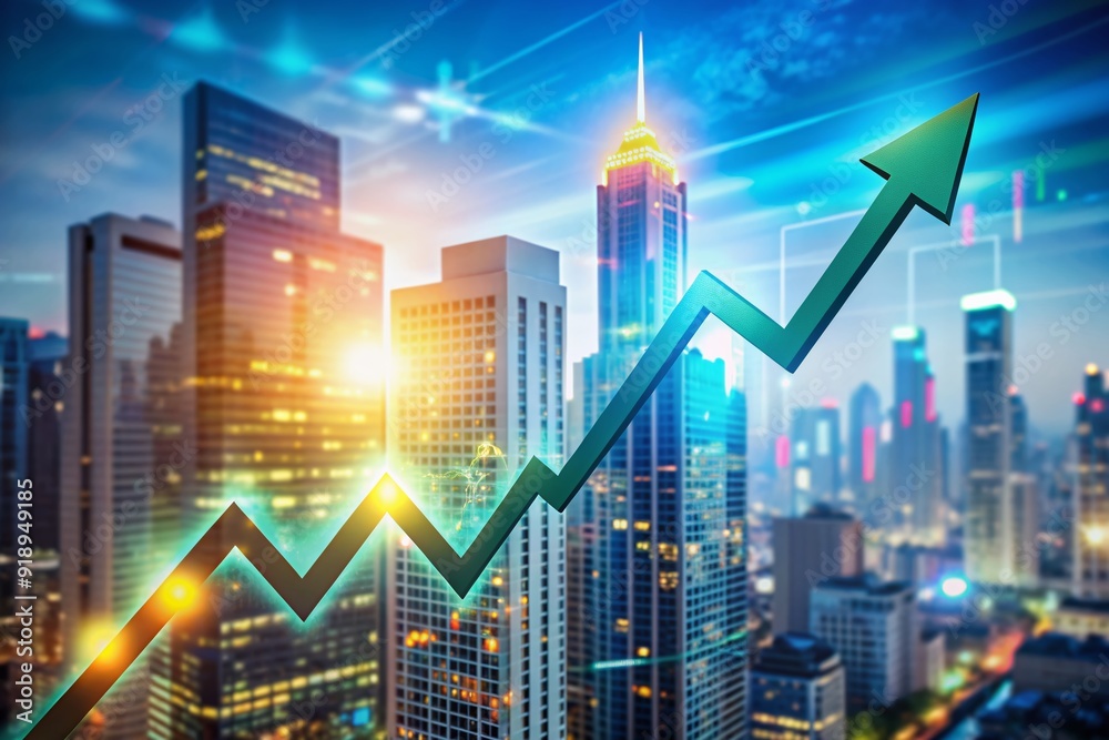 Upward trending arrow piercing through financial charts and graphs on a blurred cityscape background, symbolizing successful stock market investment and profitable trading strategies. Upward trending arrow piercing through financial charts and graphs on a blurred cityscape background, symbolizing successful stock market investment and profitable trading strategies.