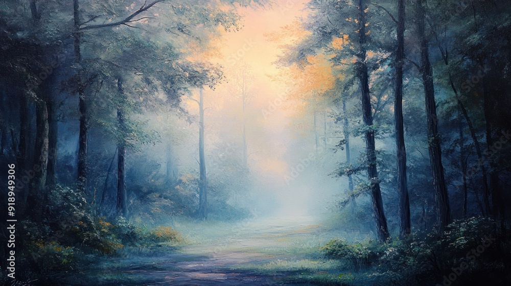Fototapeta premium Misty Forest Path with Sunlight Filtering Through Trees