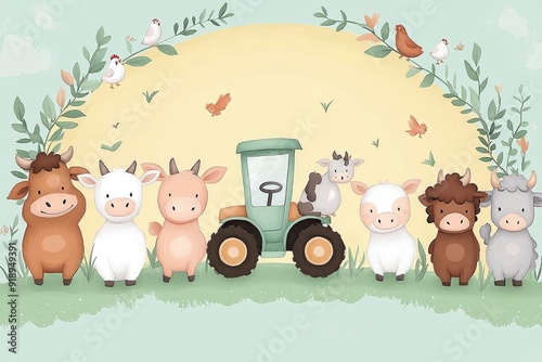 Cute Cartoon Farm Animals with Tractor Illustration photo