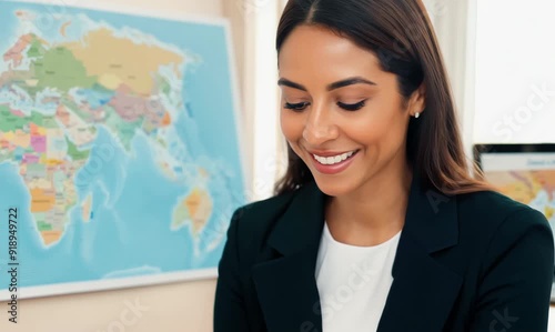 Portrait video of a cheerful travel agent at work surrounded by travel resources