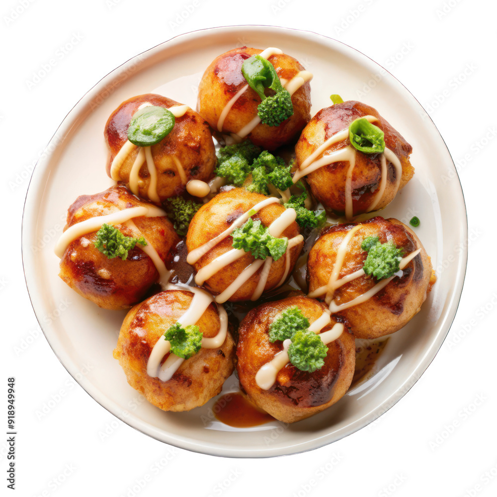Takoyaki octopus balls with savory sauce and topping on white plate on transparent Takoyaki octopus balls with savory sauce and topping on white plate on transparent