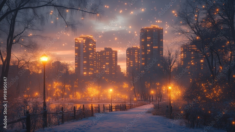 A city park at dusk, with streetlights and windows sparkling as night falls. A city park at dusk, with streetlights and windows sparkling as night falls.