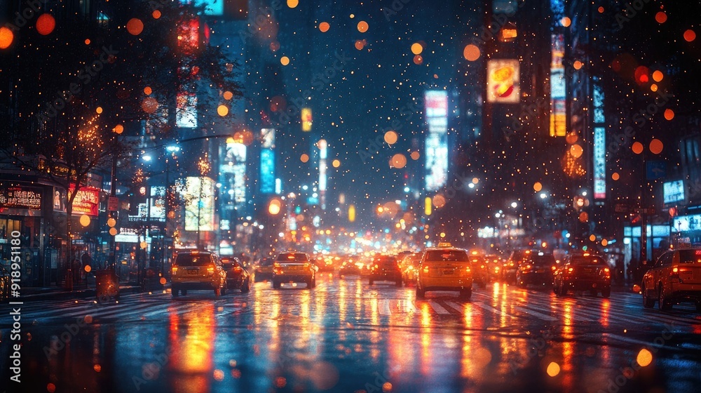 Fototapeta premium A night view of a busy urban intersection, with sparkling headlights and signs.