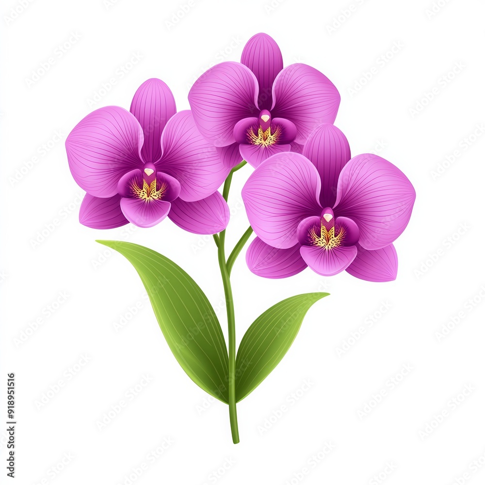 Naklejka premium Beautiful illustration of three vibrant purple orchids with green leaves on a white background. Perfect for botanical designs and nature themes.