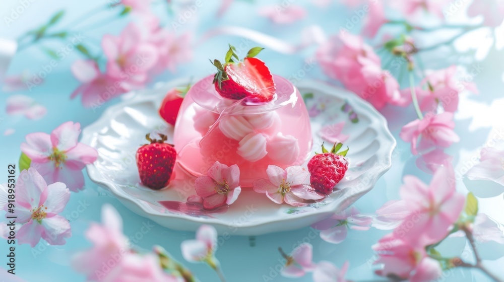 Fruit jelly with strawberries stands on a table decorated with flowers
Fruit jelly with strawberries stands on a table decorated with flowers
