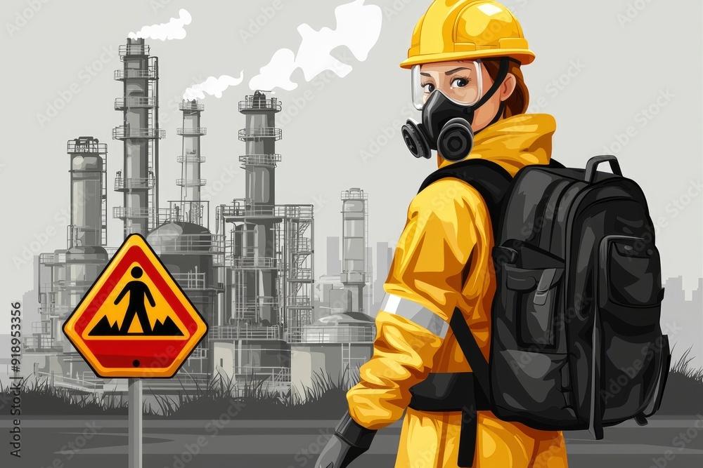 Fototapeta premium Woman in Protective Gear Standing in Front of an Industrial Plant
