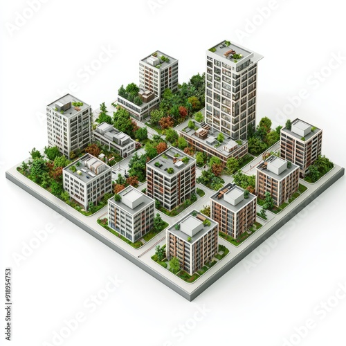 3D Render of a dense urban environment with high-density residential buildings, shopping districts, on isolated white background,