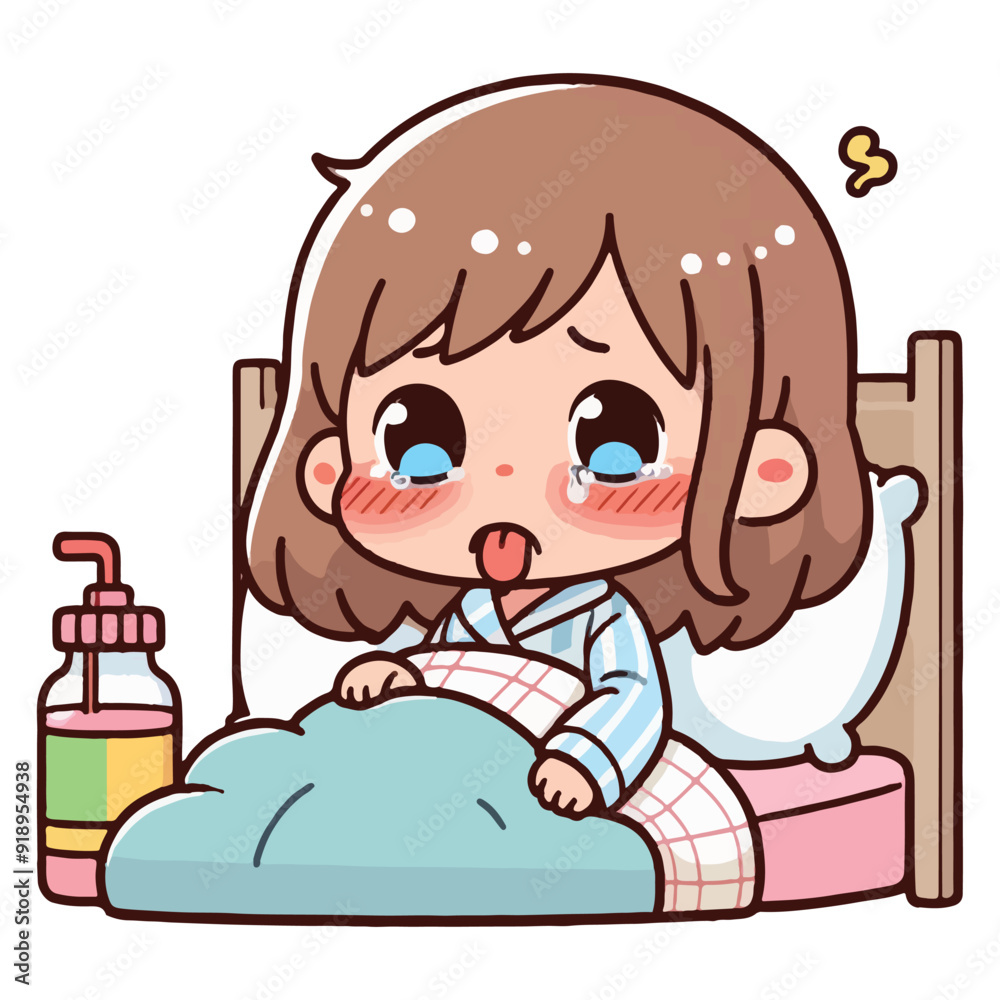 A little girl kid having fever in her bed, wake up in the morning. White background. Illustration