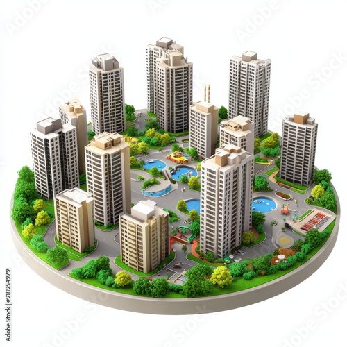 3D Render of a metropolitan area with high-rise apartments, office buildings, and recreational, on isolated white background