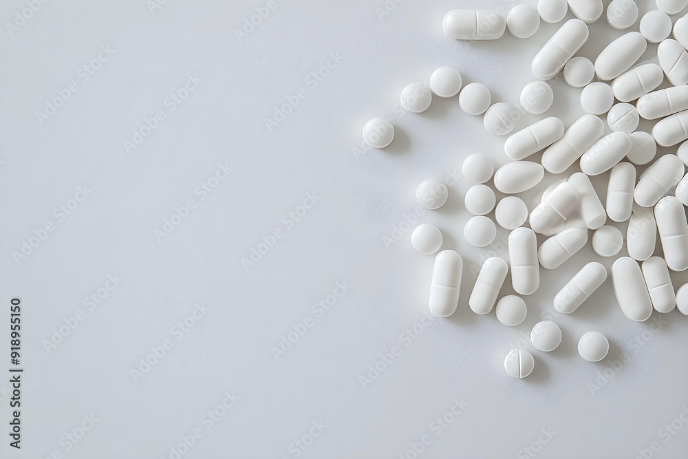 Scattered white tablets and pills on a light grey background. The image represents medication, healthcare, and pharmaceutical concepts Scattered white tablets and pills on a light grey background. The image represents medication, healthcare, and pharmaceutical concepts