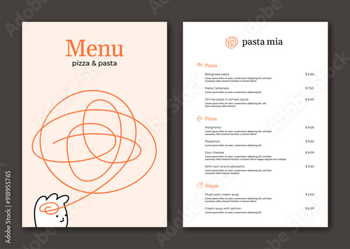 Italian pasta restaurant menu. Man thinking about food illustration. Modern spaghetti background. Noodle and ramen design concept. Creative art for italian, asian, chinese, japanese restaurant, cafe