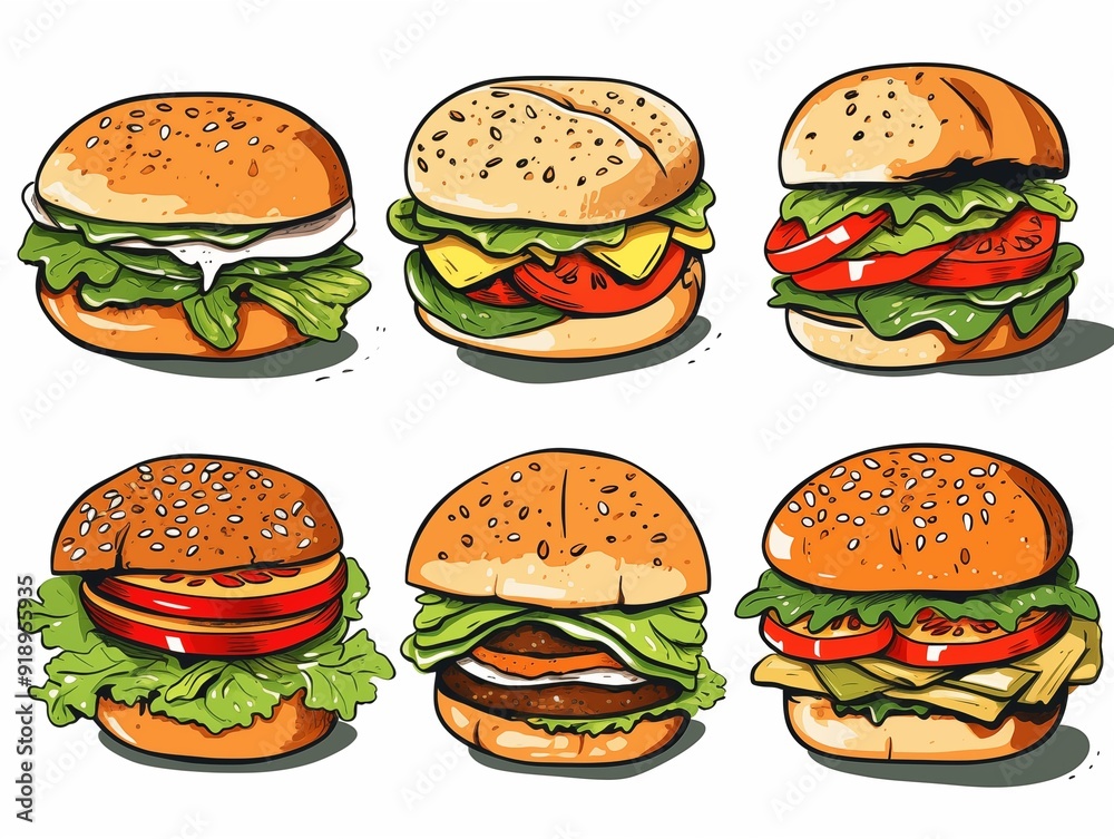 Set of various burger simple illustration. AI generated Set of various burger simple illustration. AI generated