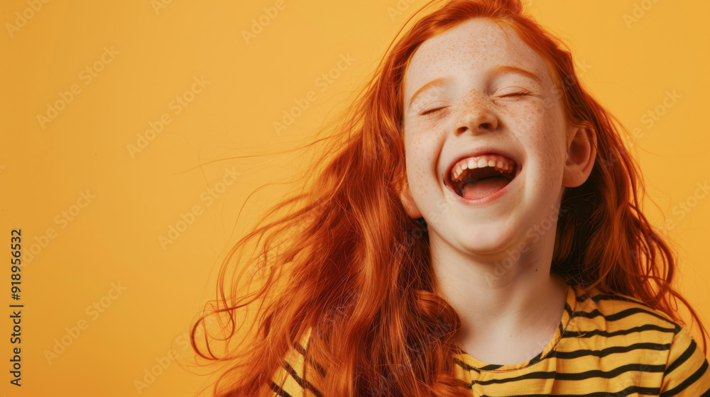 Red-haired girl laughs cheerfully on an orange background
