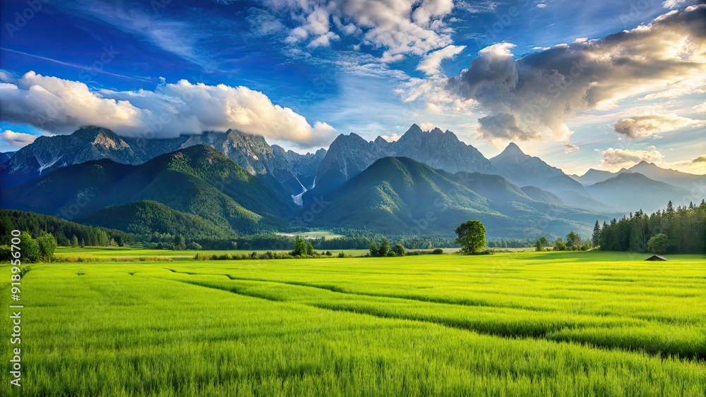 Naklejka premium Green field and mountains , nature, outdoors, scenic, landscape, rural, countryside, peaceful, serene, tranquil, beauty