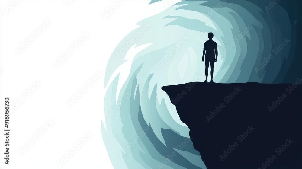A silhouette of a person standing on the edge of a cliff, gazing into a swirling wave, symbolizing contemplation and nature's power. A silhouette of a person standing on the edge of a cliff, gazing into a swirling wave, symbolizing contemplation and nature's power.